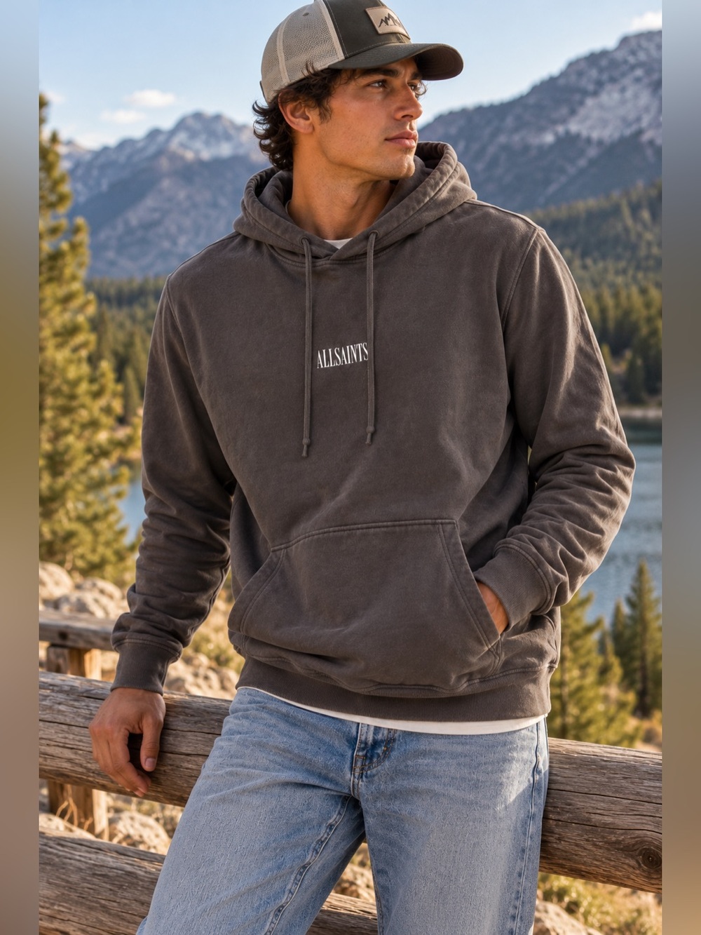 All Saints Men’s Ryder Hoodie in Chocolate Brown Size XL